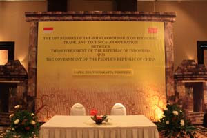 dekorasi untuk penandatangan kesepakatan antara Menteri Perdagangan China dan Menteri Perdagangan RI.